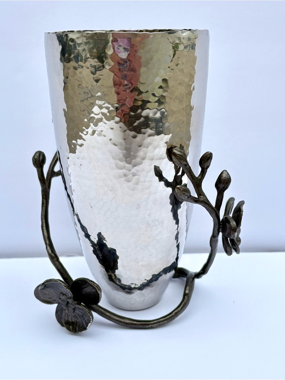 Michael Aram Silver Hammered Vase with Bronze Floral Stand
